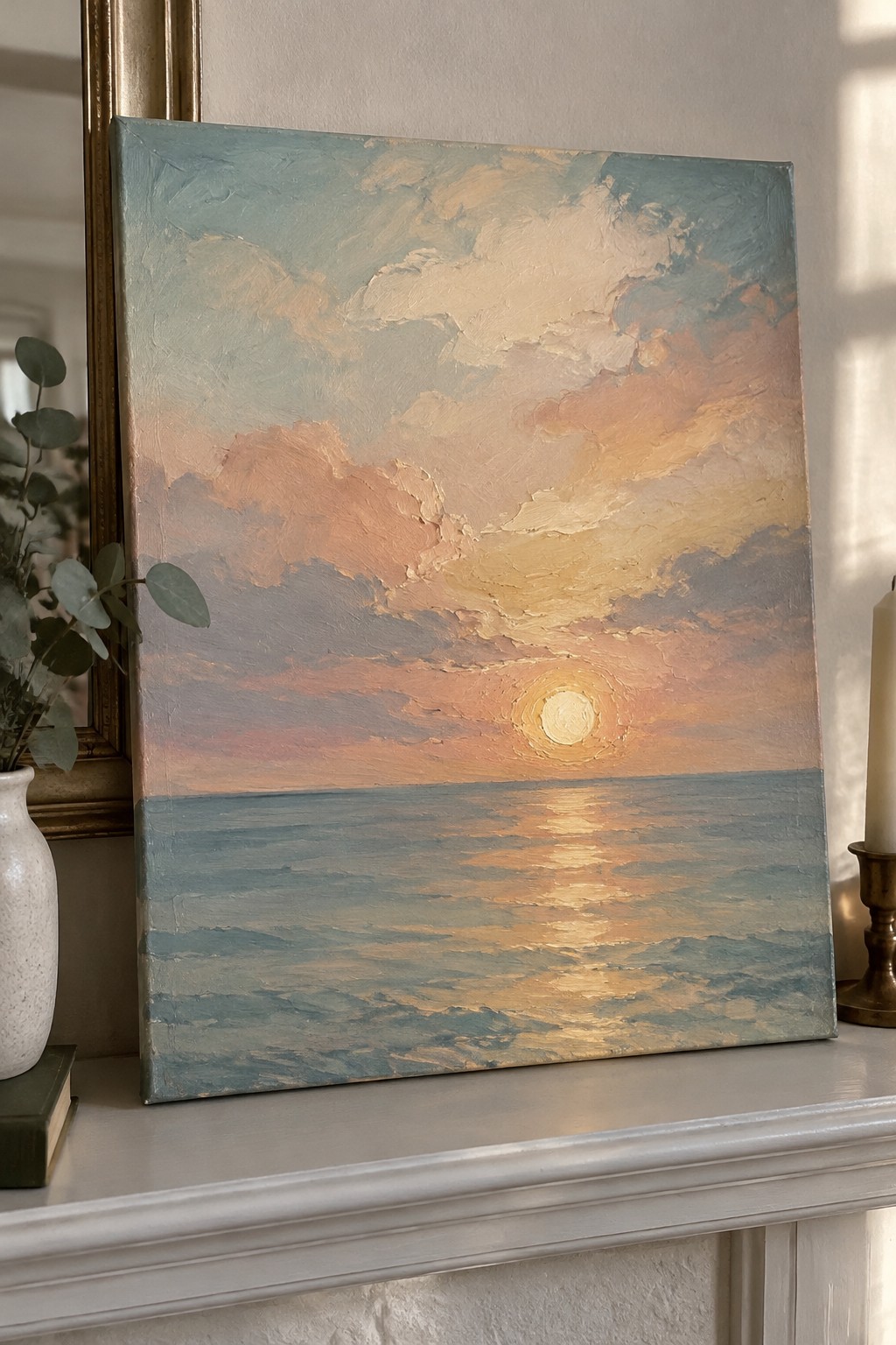 Oil painting of vibrant sunset over ocean on white mantel beside vase and candle