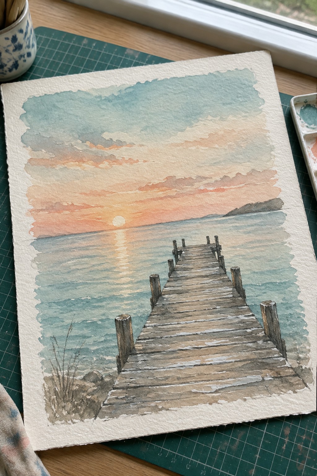 Watercolor painting of wooden pier at ocean sunset with colorful clouds and sun reflection