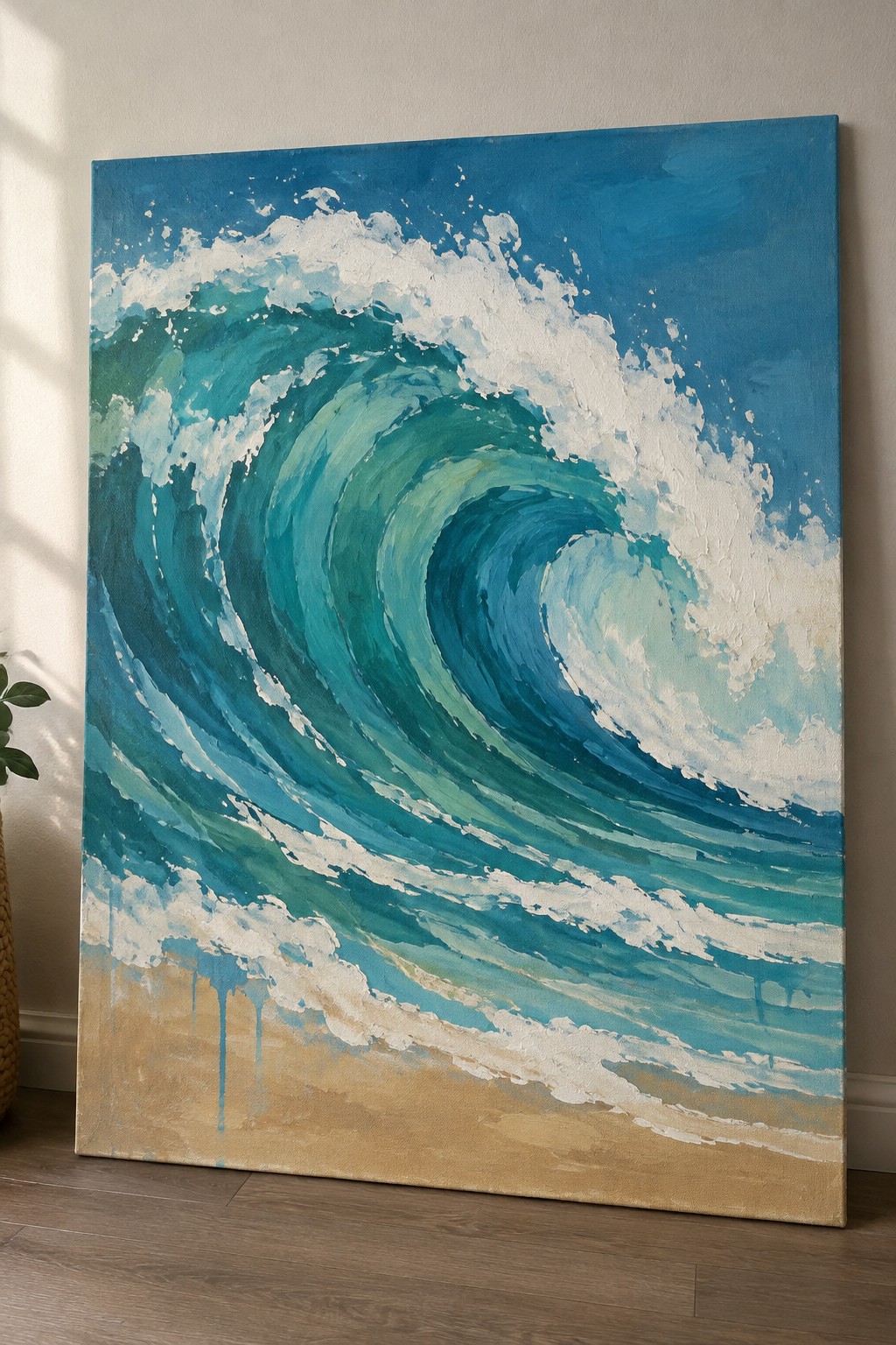 Vibrant painting of curling blue-green wave with white foam over sandy beach
