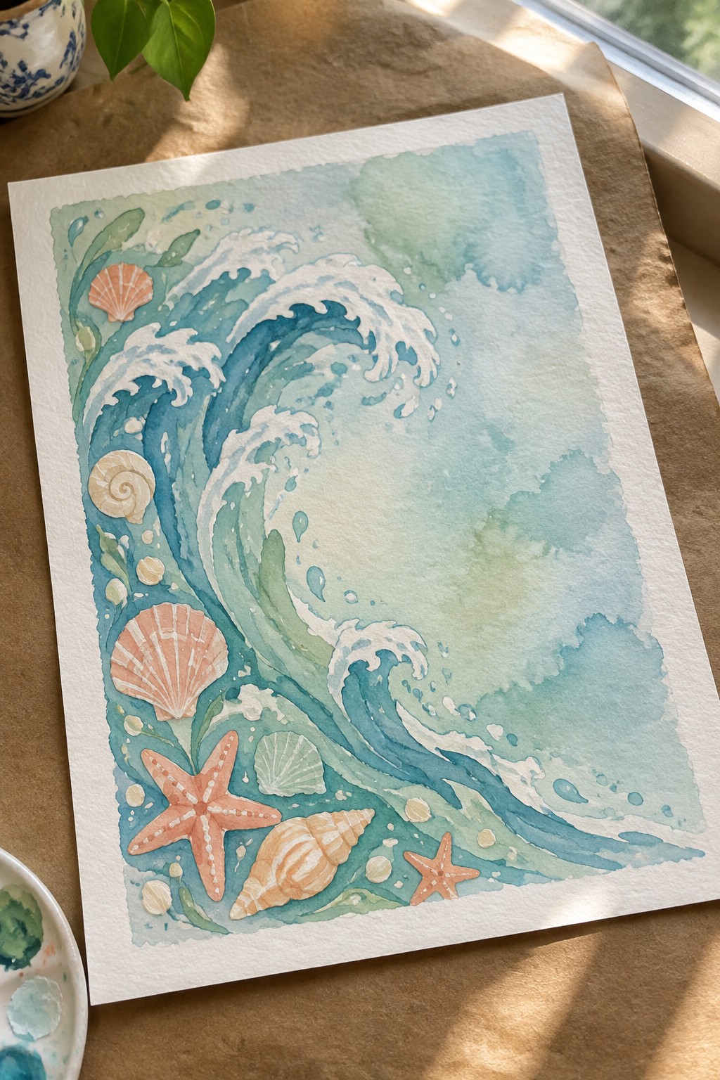 Watercolor painting of curling turquoise waves with pink seashells and orange starfish
