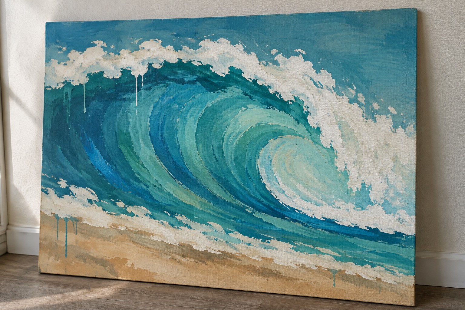 Vibrant painting of curling blue-green wave with white foam over sandy beach