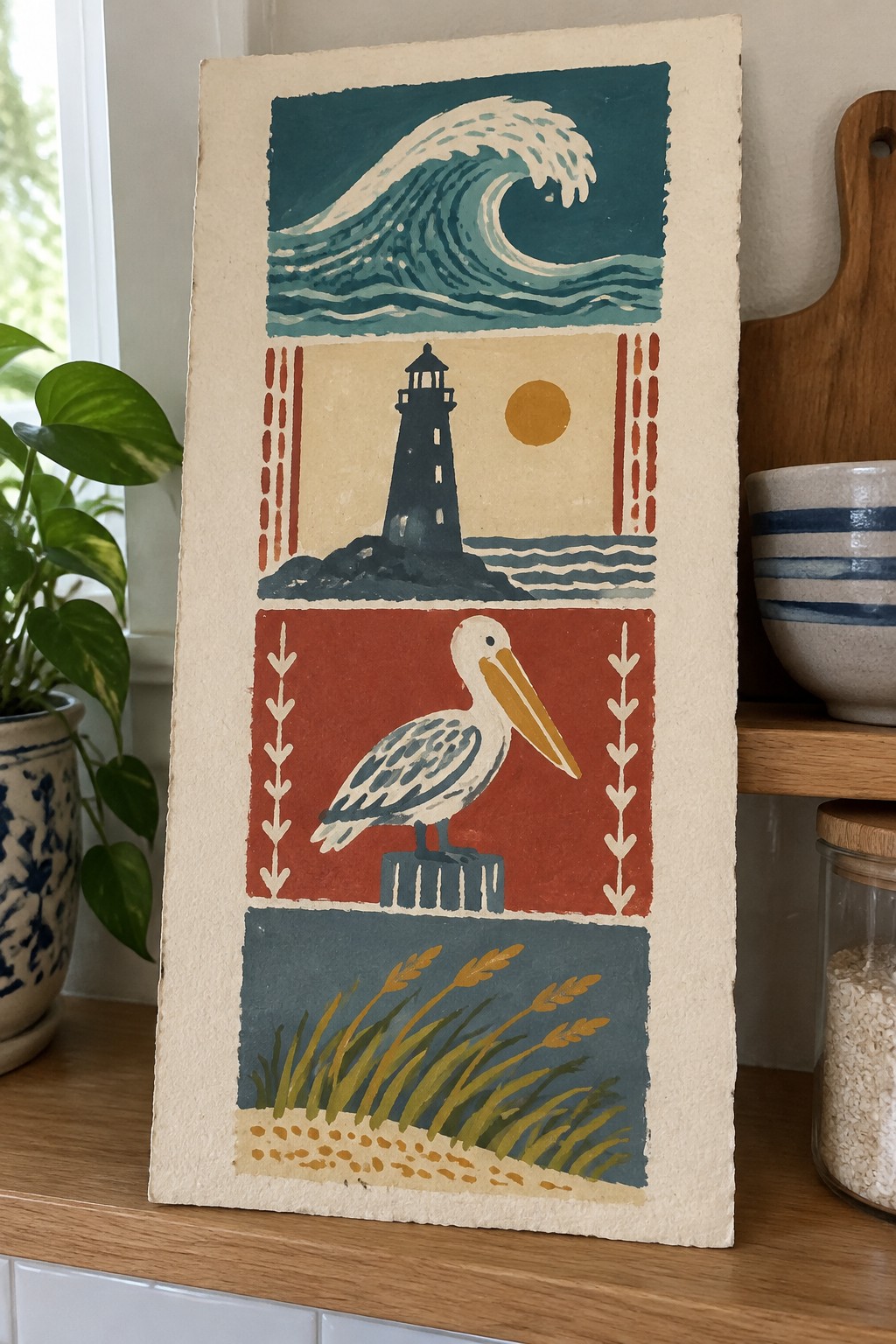 Four-panel coastal print: teal wave, lighthouse, red pelican, and golden grasses.
