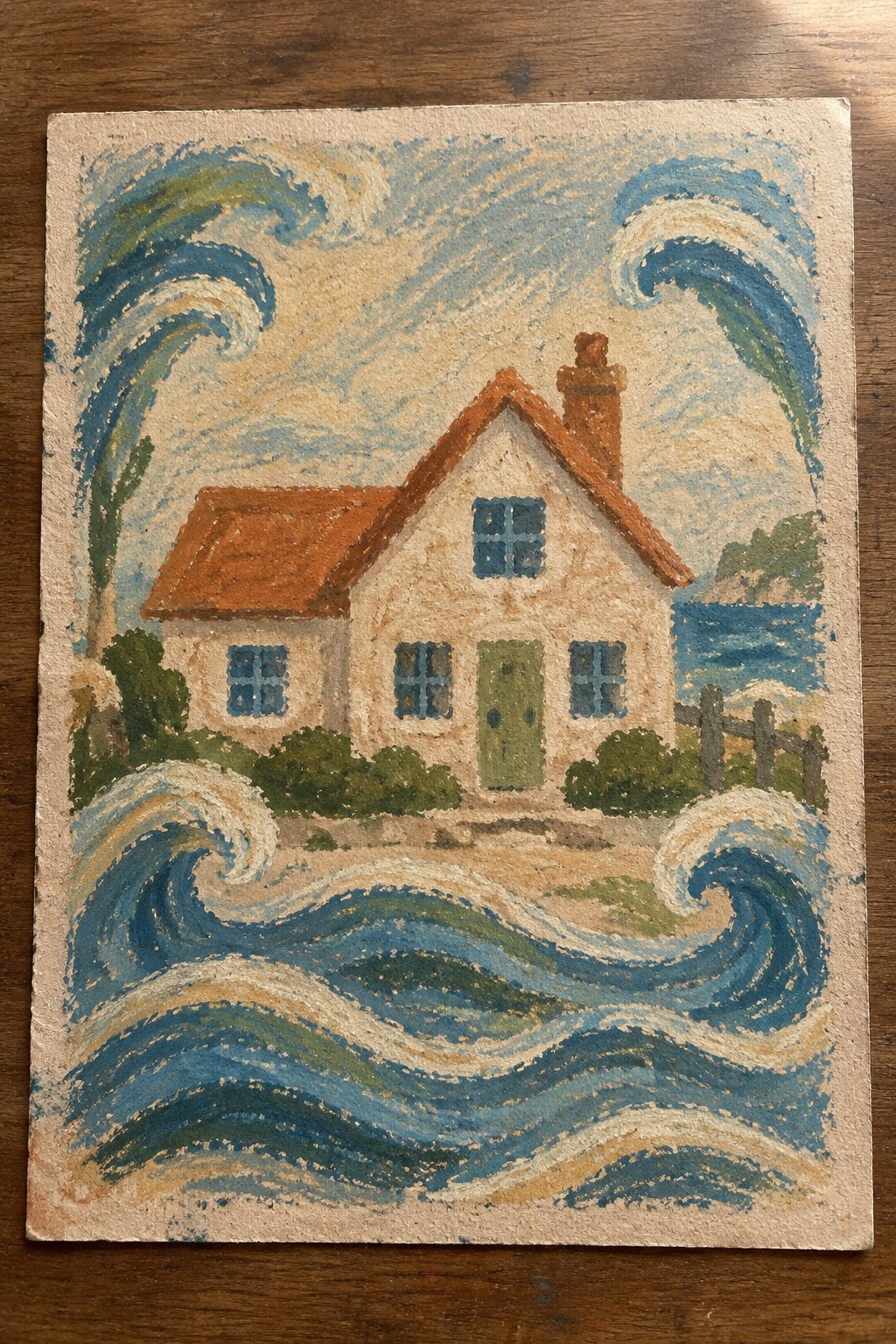 White house with red roof and green door amid large swirling blue waves