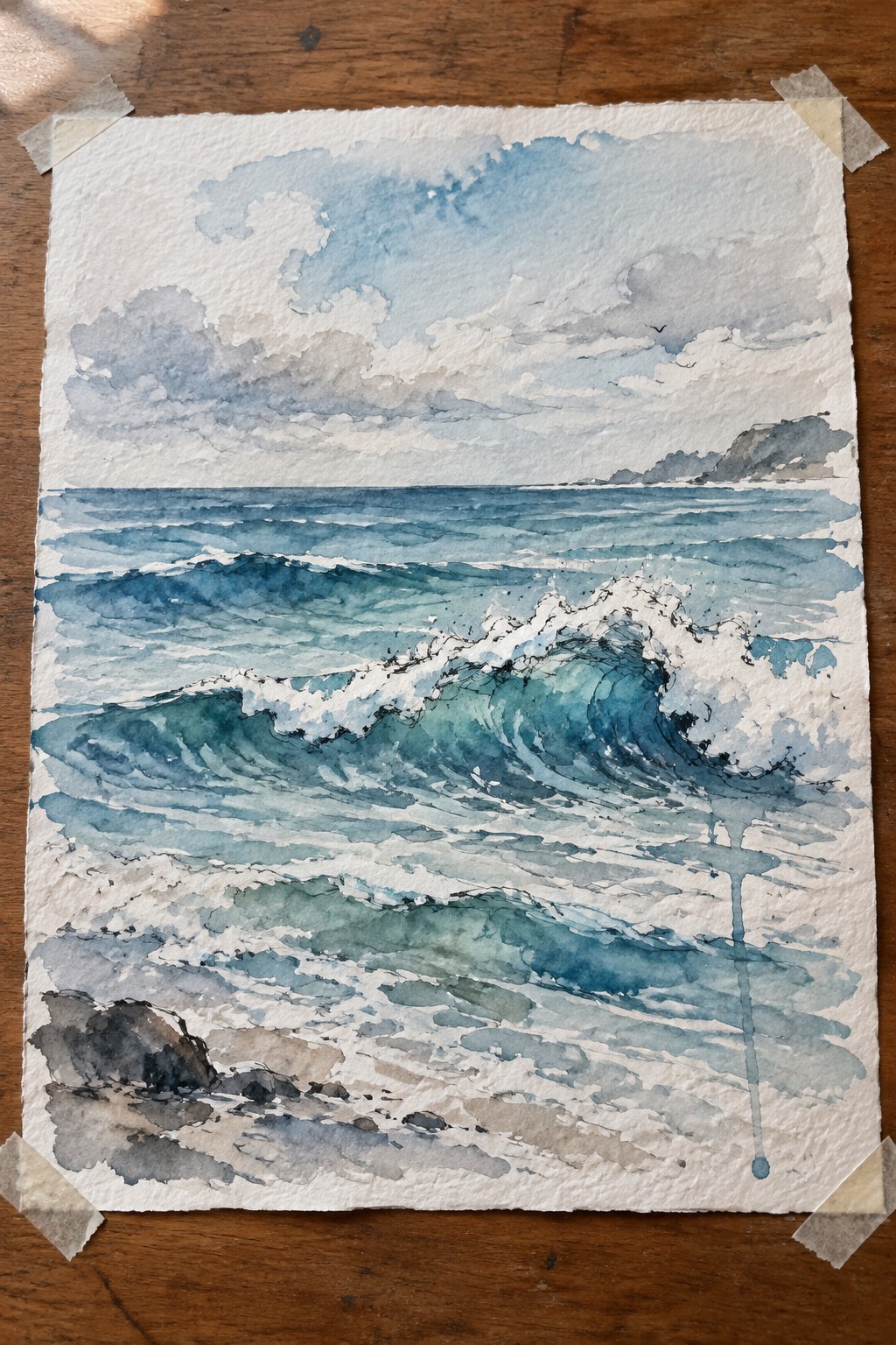 Watercolor seascape of crashing blue waves on rocky shore beneath cloudy skies, taped to wood.