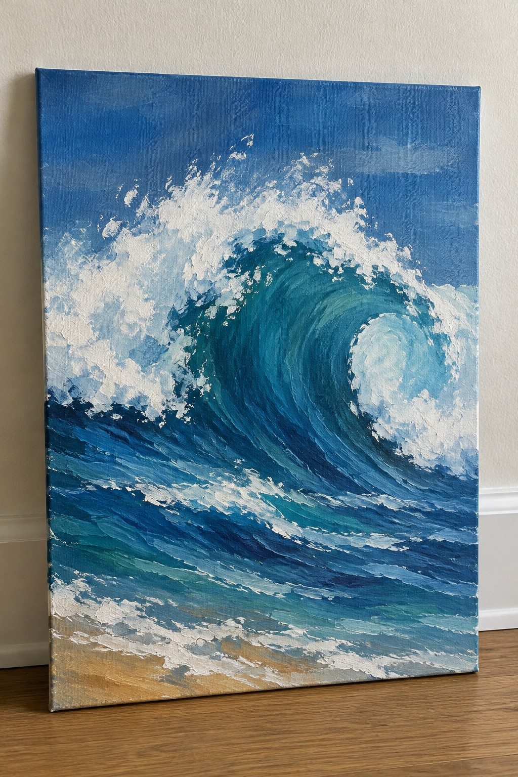 An acrylic painting of a large blue ocean wave curling and crashing with white foam above a sandy beach.