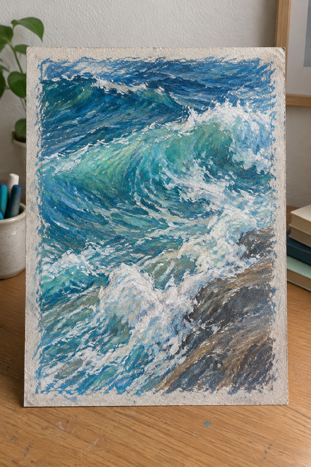 Vibrant painting of crashing blue-green ocean waves with white foam on rocks