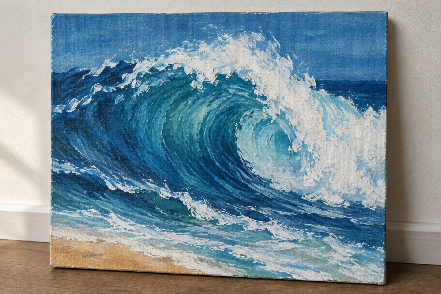 An acrylic painting of a large blue ocean wave curling and crashing with white foam above a sandy beach.