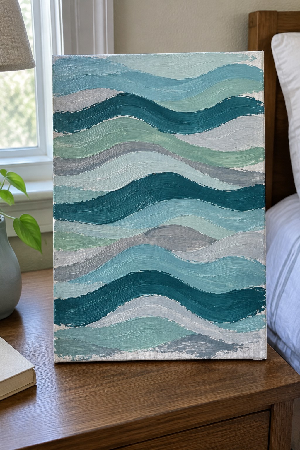 Abstract wave painting in blues, teals, and greens on wooden nightstand