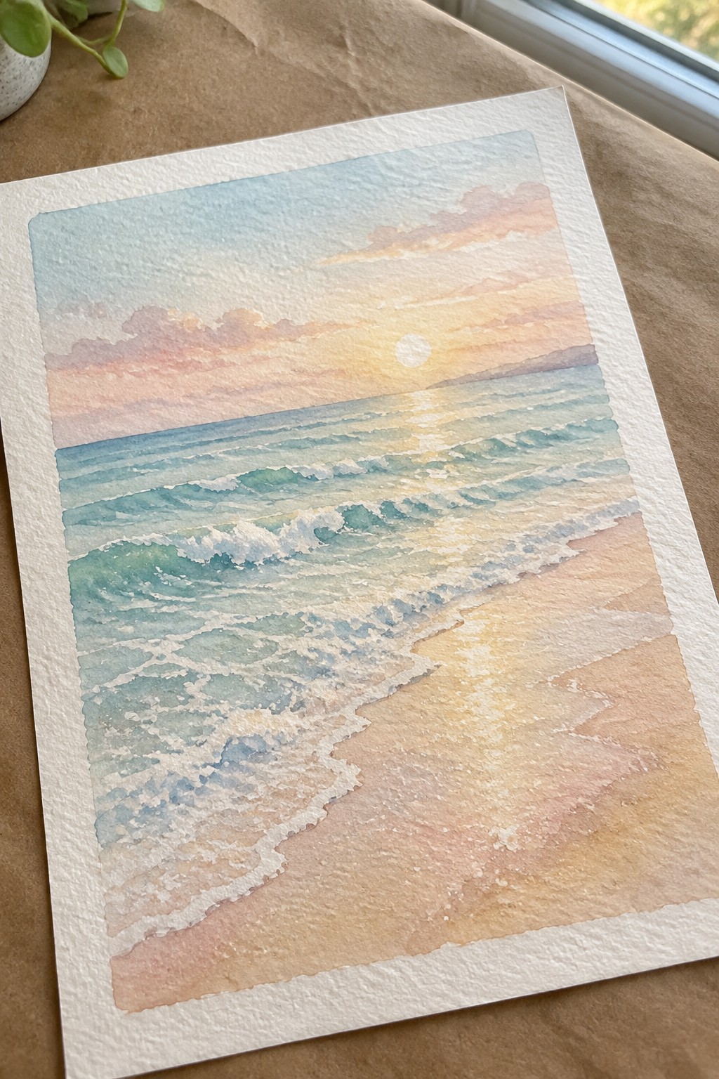 Watercolor seascape of turquoise waves meeting sandy beach under pastel sunset sky