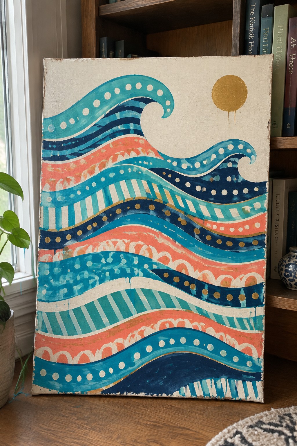 Abstract wave painting in blues, corals, gold sun leaning against bookshelf