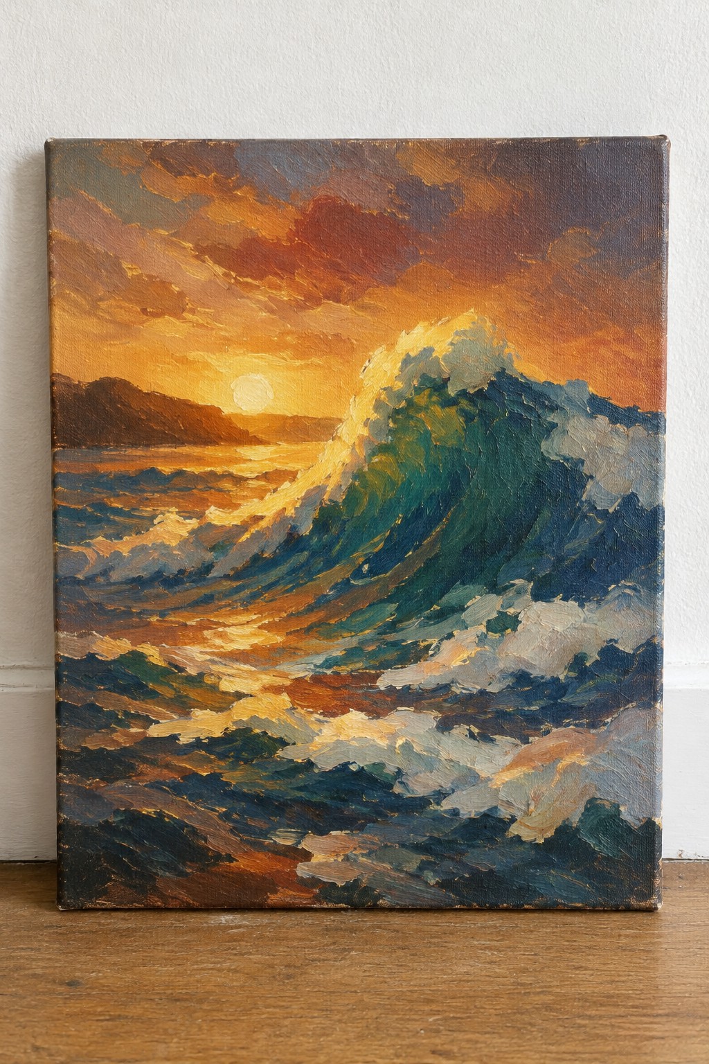 Oil painting of a large curling wave crashing under a vivid orange sunset sky.