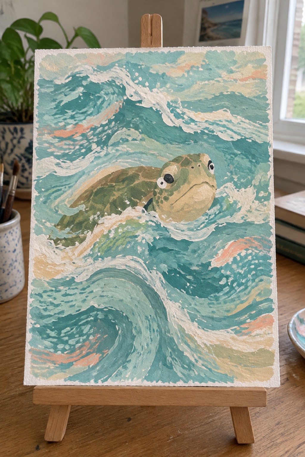 Watercolor painting of green sea turtle swimming in turquoise ocean waves on wooden easel