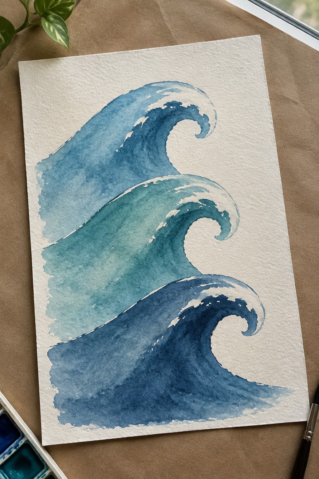 Watercolor painting of three curling blue and teal waves on white paper with supplies