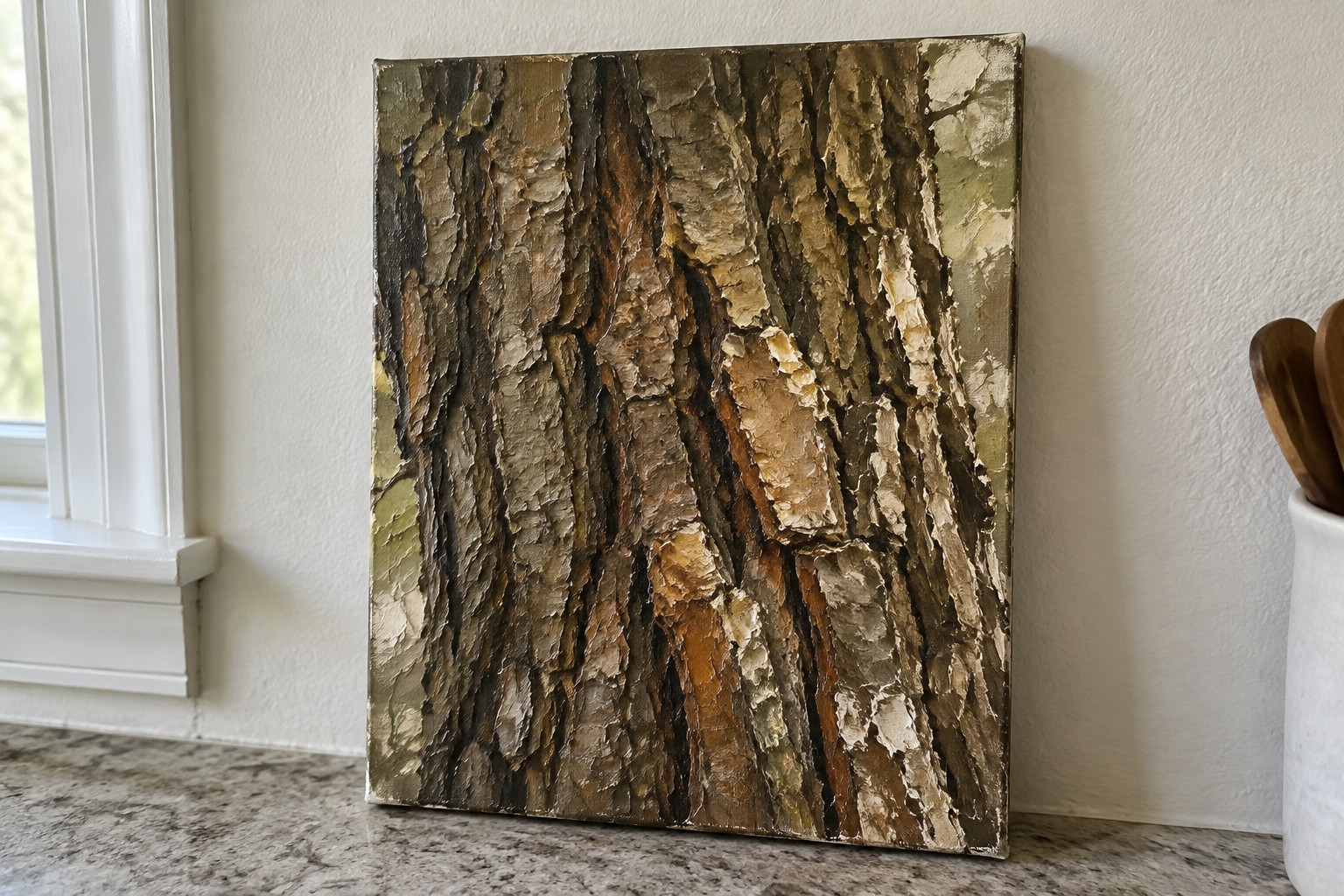 Thick impasto painting of tree bark in browns, greens, and white on marble counter