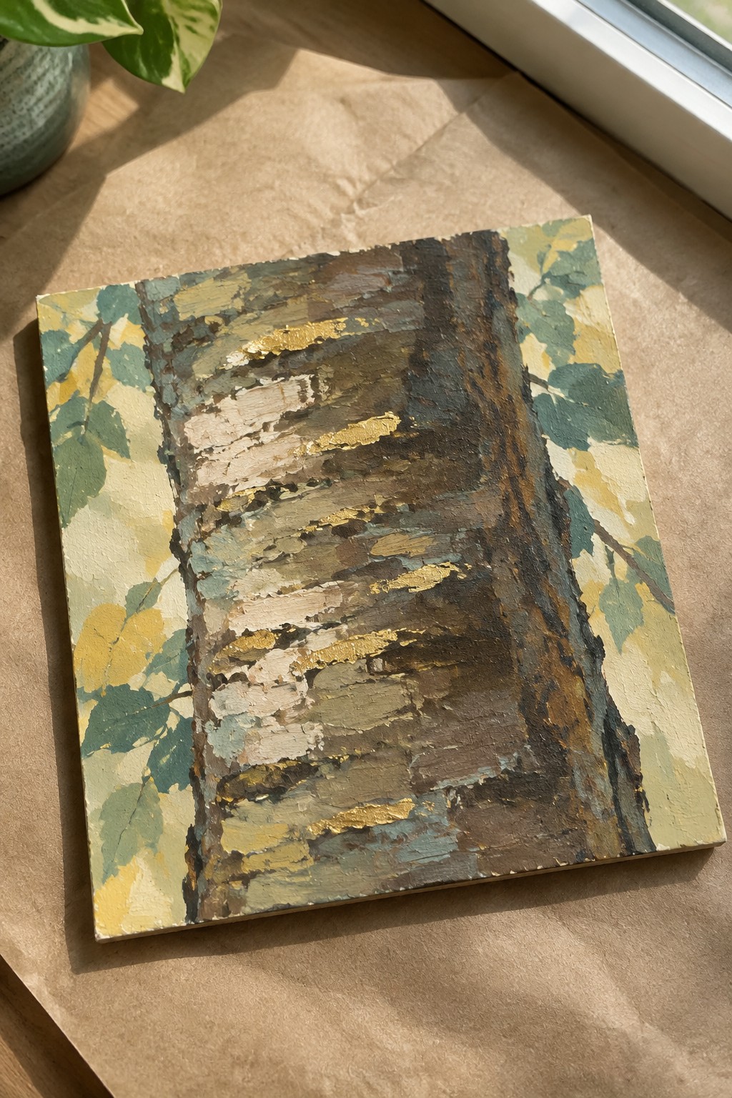 Textured painting of birch trunk with gold highlights amid green and yellow leaves