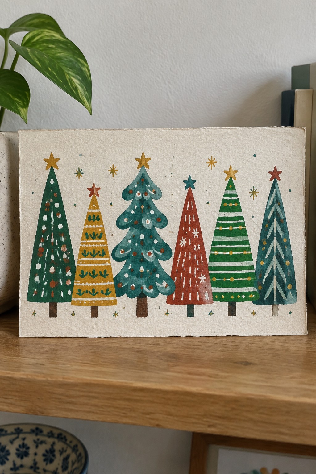 Watercolor painting of six colorful Christmas trees with stars on textured paper