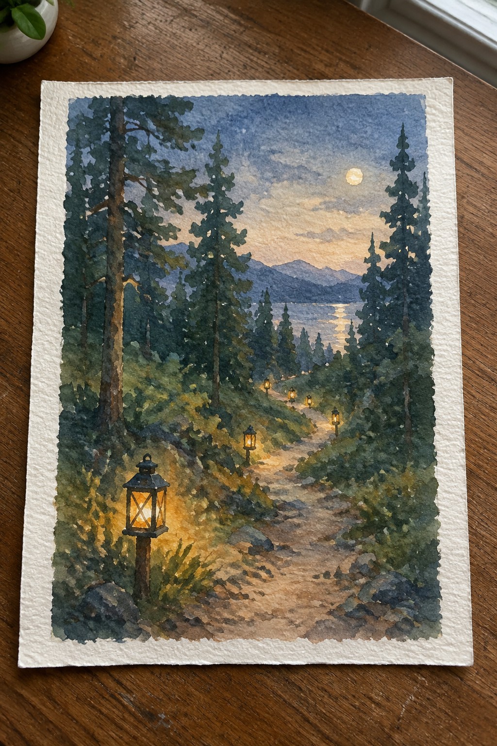 Watercolor of moonlit forest path with glowing lanterns beside reflective lake and mountains.
