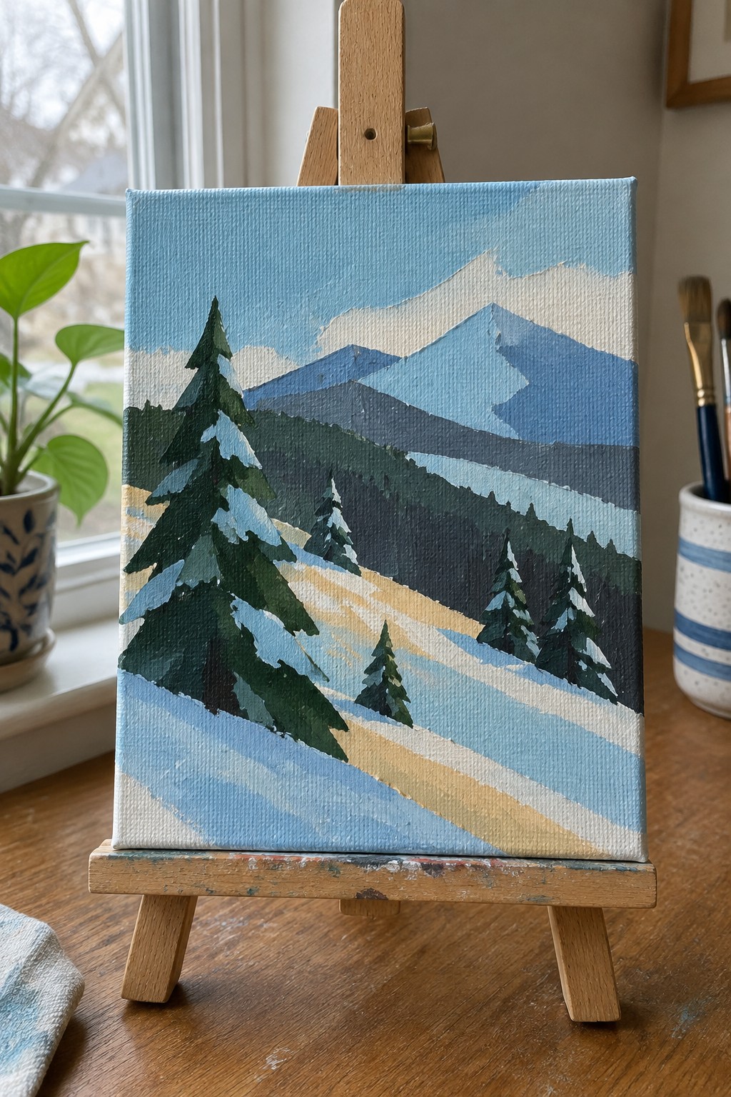 Winter landscape painting on easel with blue mountains and snow-covered pines