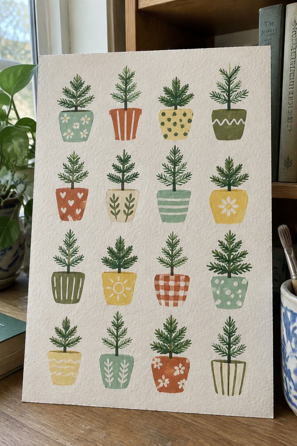 Watercolor grid of sixteen small trees in colorful patterned pots