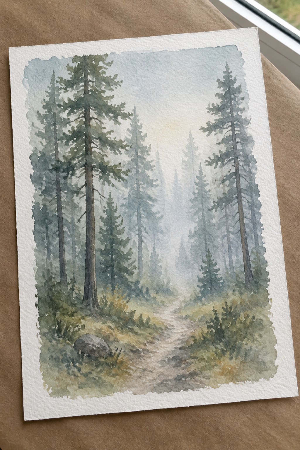 Watercolor of misty pine forest with winding dirt path, tall trees, soft greens and blues
