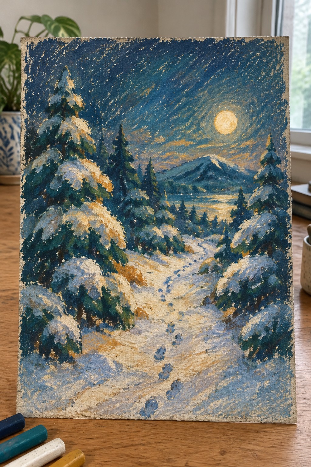 Pastel painting of snowy path through pine trees under moon with mountains and footprints