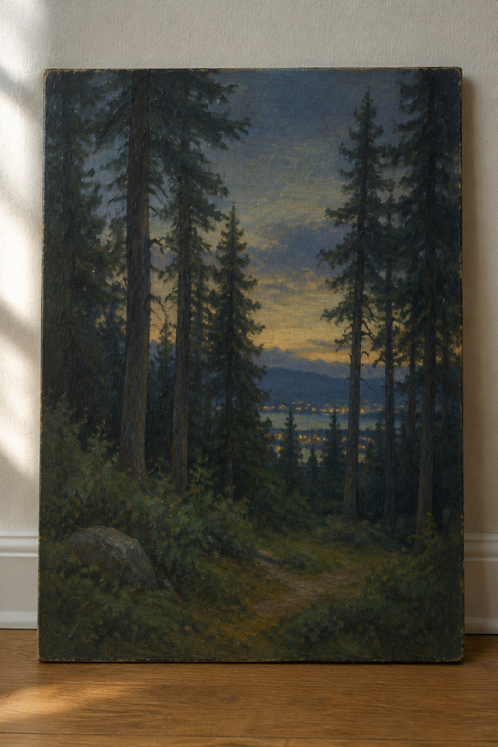 Twilight forest path amid tall pines overlooking valley with distant glowing lights and mountains.
