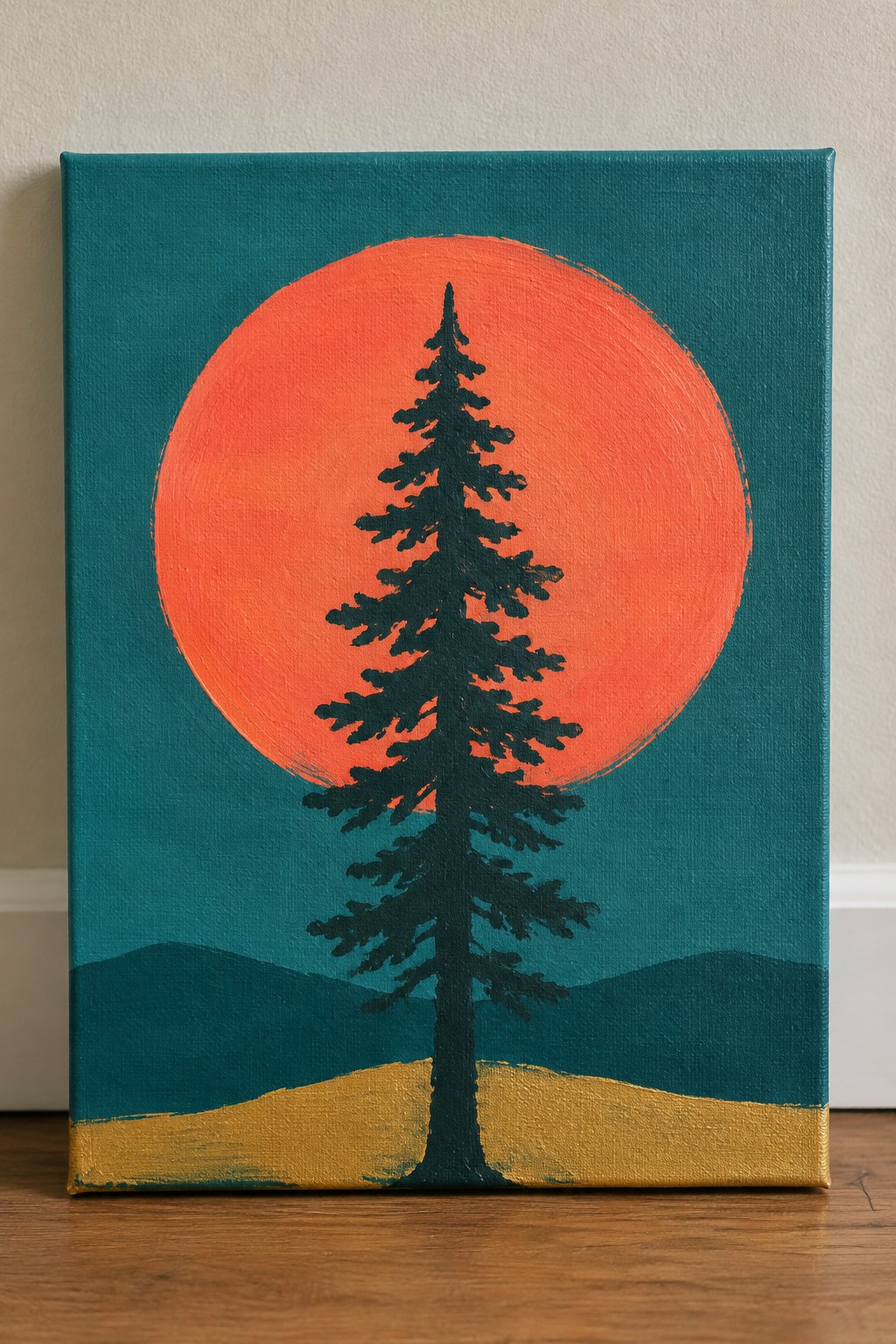 Silhouetted pine tree against large orange sun on teal background with yellow ground.