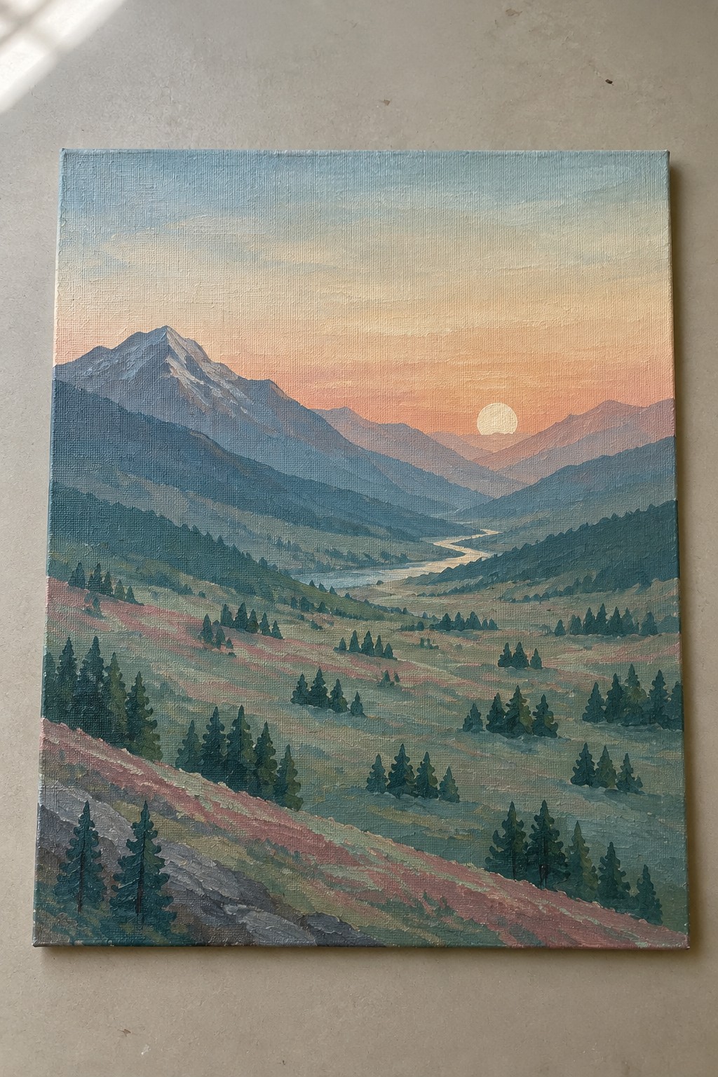 Oil painting of layered mountains, winding river, and pine trees at sunset.