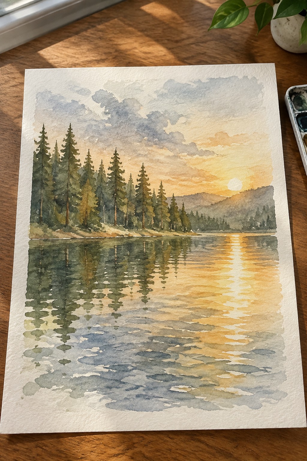 Watercolor of pine trees reflected in a lake beneath a glowing sunset.