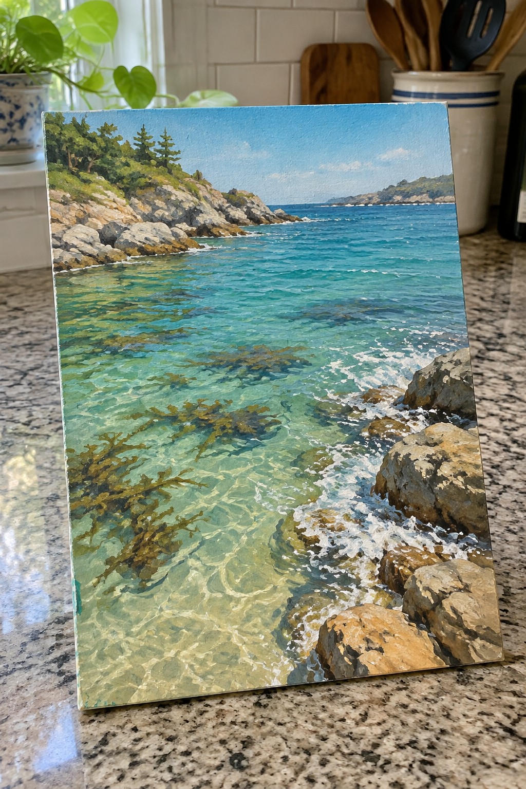Realistic painting of turquoise sea with rocky shore, seaweed, and green cliffs on kitchen counter
