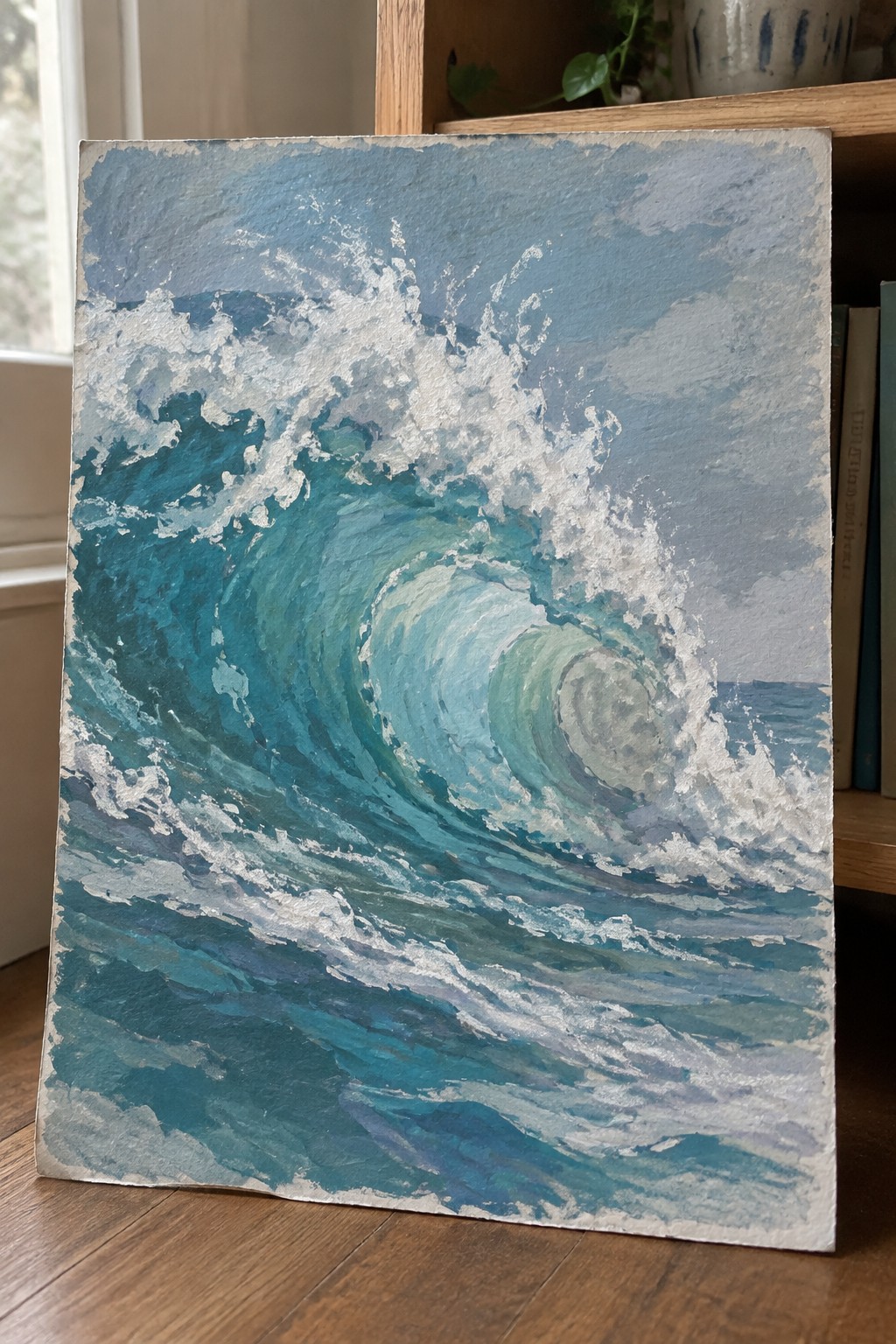 Textured painting of a curling blue-green ocean wave with white foam and spray