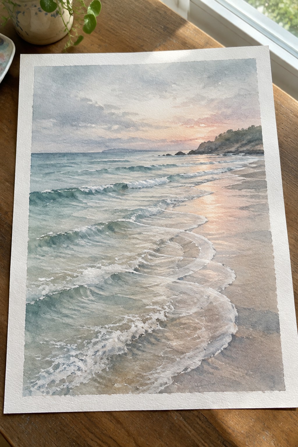 Watercolor painting of waves rolling onto a curving sandy beach under a pink sunset sky.