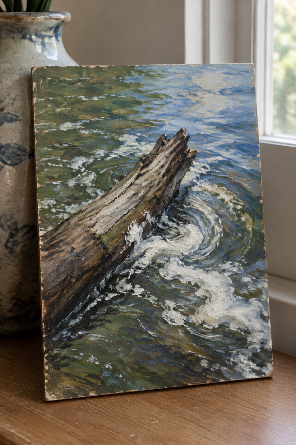 Impressionistic oil painting of driftwood in swirling blue-green waters with white foam