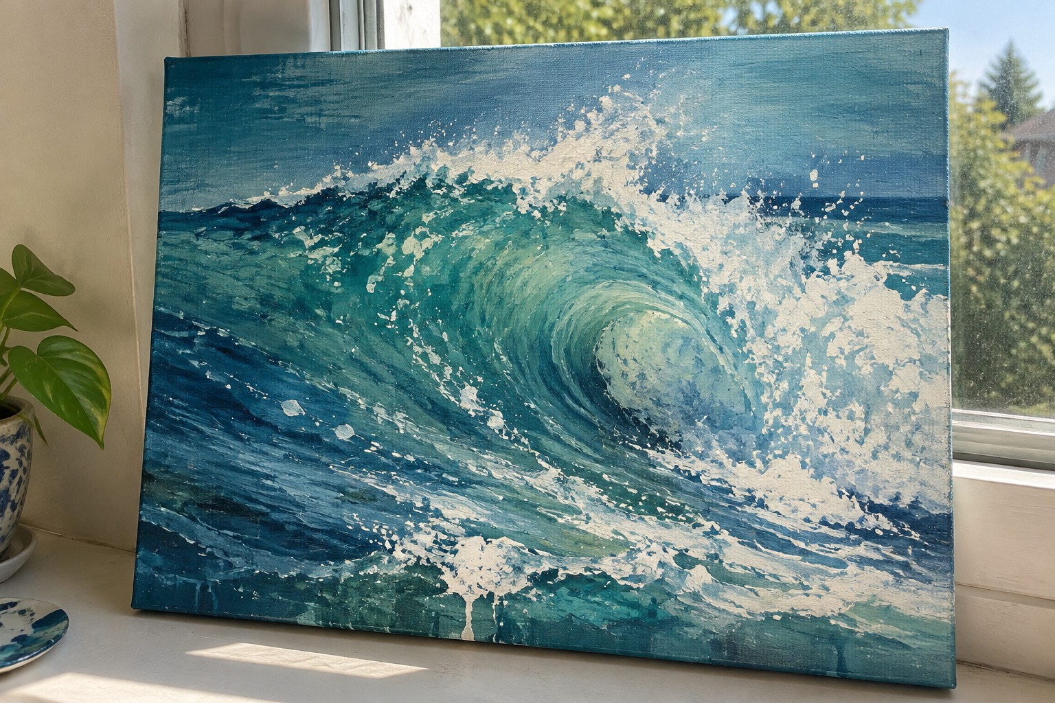 Impressionist painting of a curling blue-green wave with white foam on a windowsill