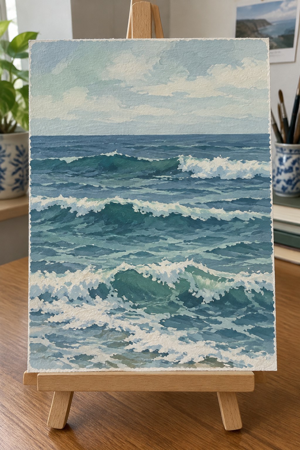 Watercolor painting of blue-green ocean waves with white foam on wooden easel
