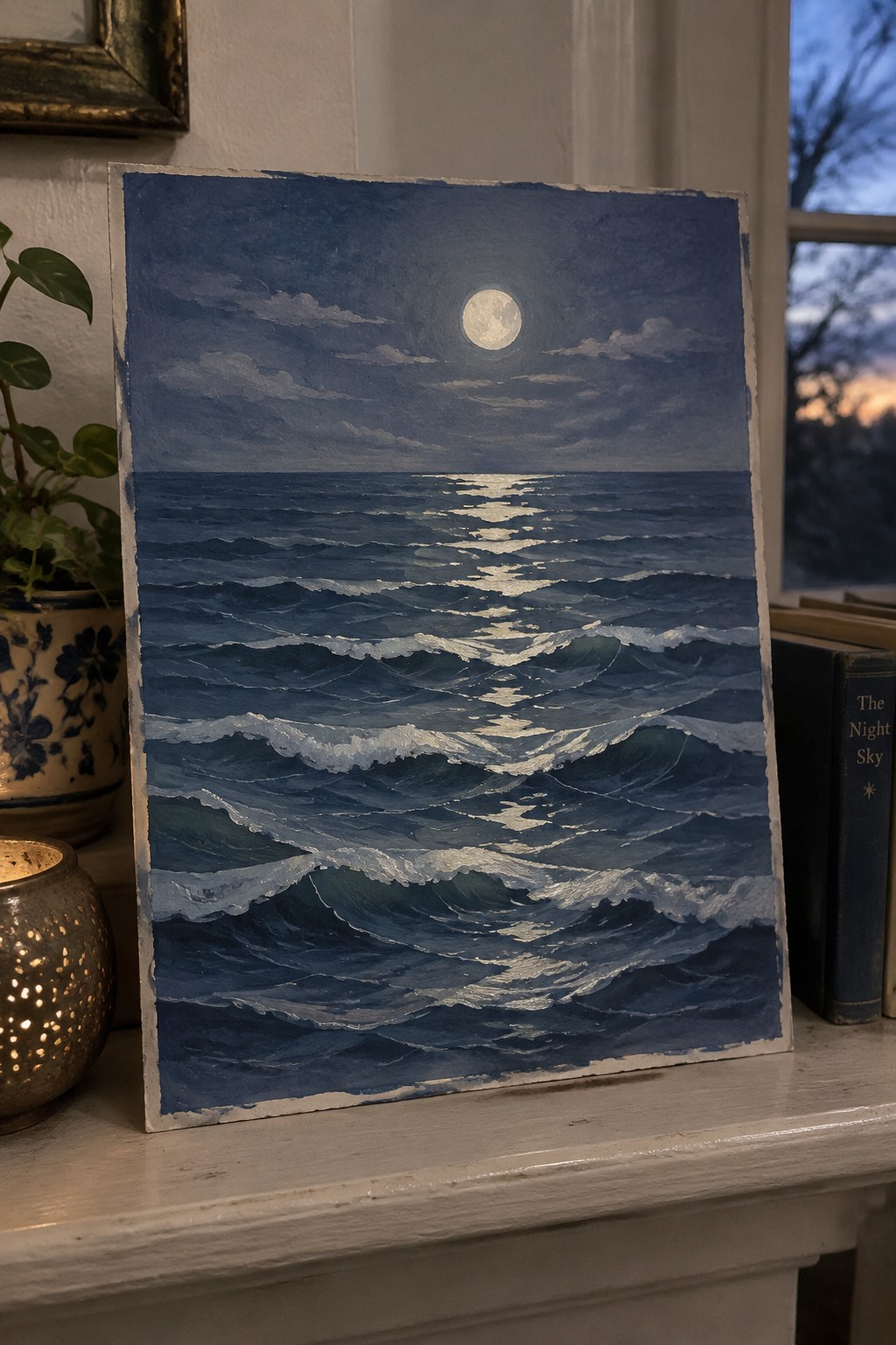 A realistic painting of dark blue ocean waves under a full moon with a bright reflection path across the water.