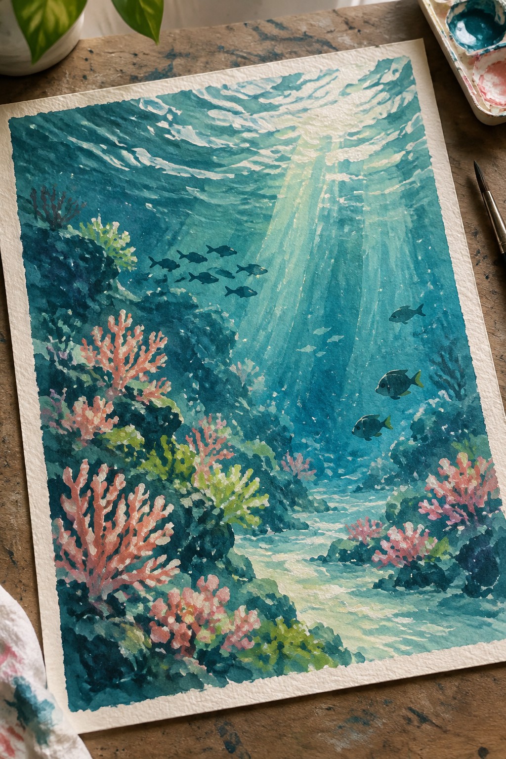 Vibrant watercolor underwater scene with pink corals, fish, and sunlight rays