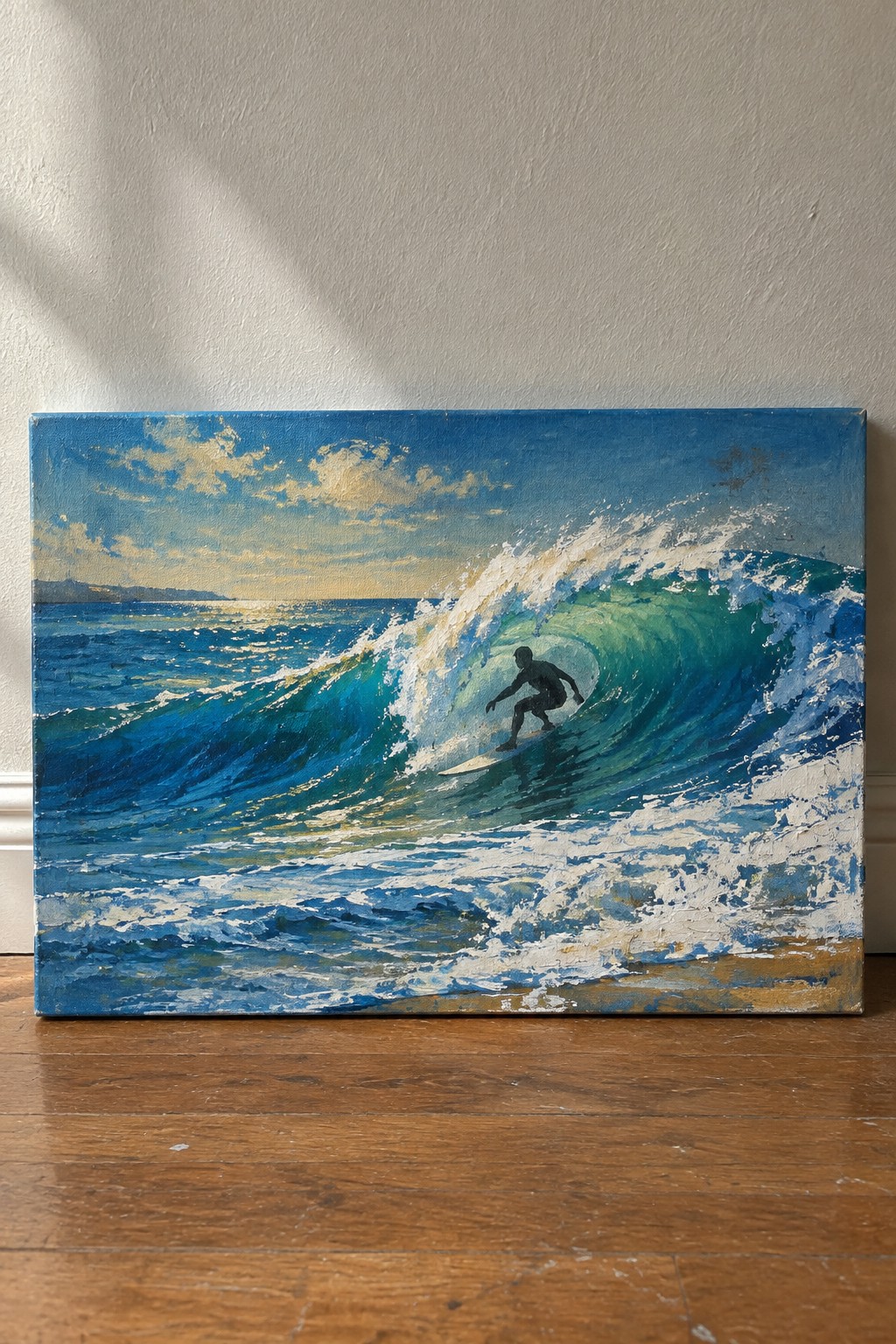 Impressionistic painting of surfer in black wetsuit riding turquoise breaking wave at sunset.