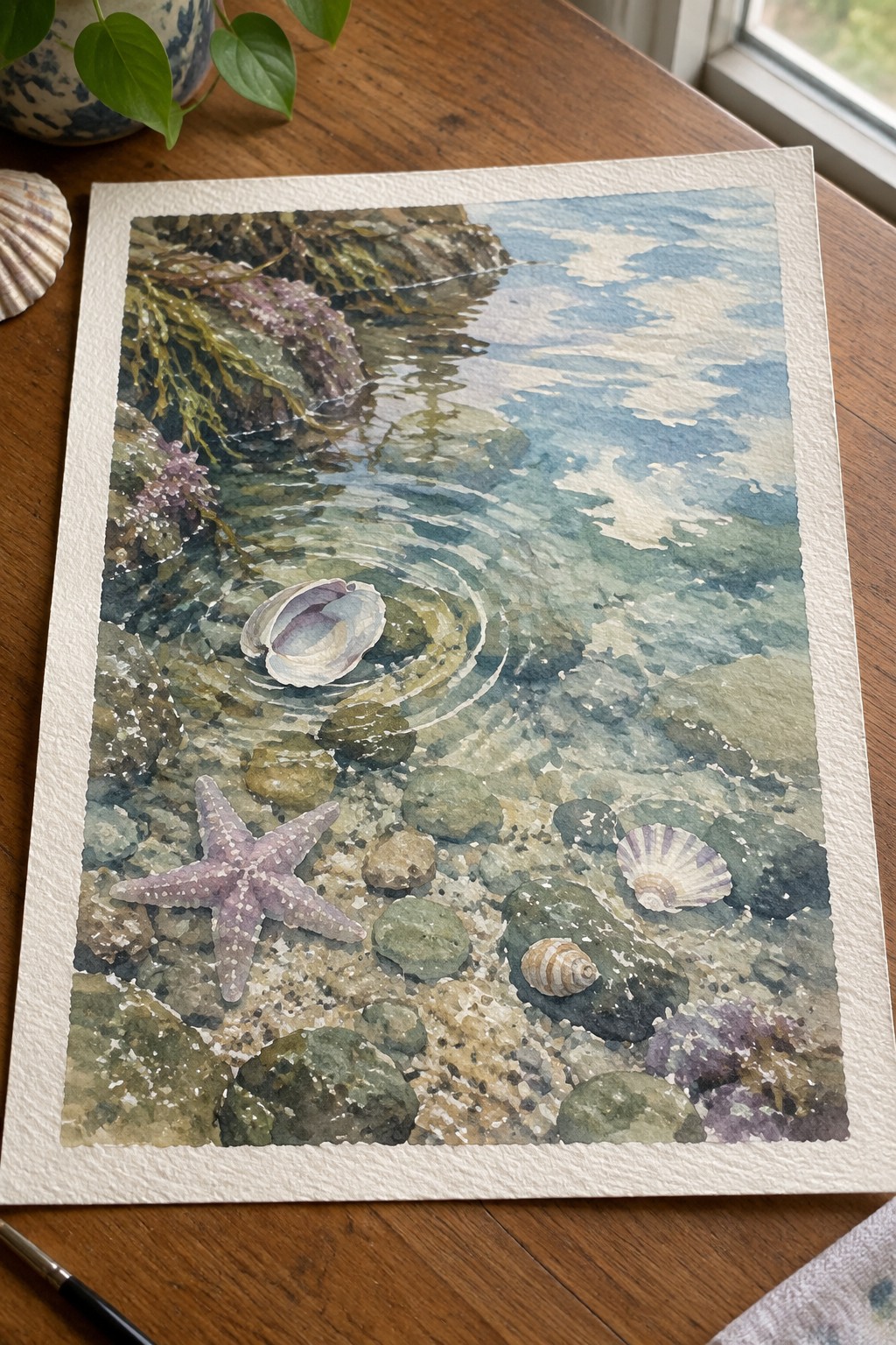 Watercolor painting of tide pool with starfish, shells, rocks, seaweed, and water ripples