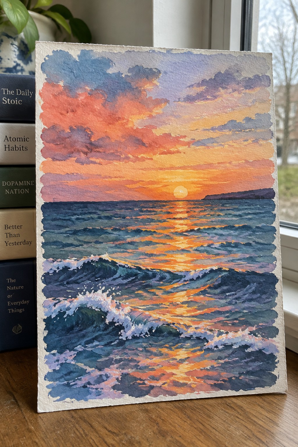 Watercolor painting of vibrant sunset over ocean waves beside stack of books on wood.