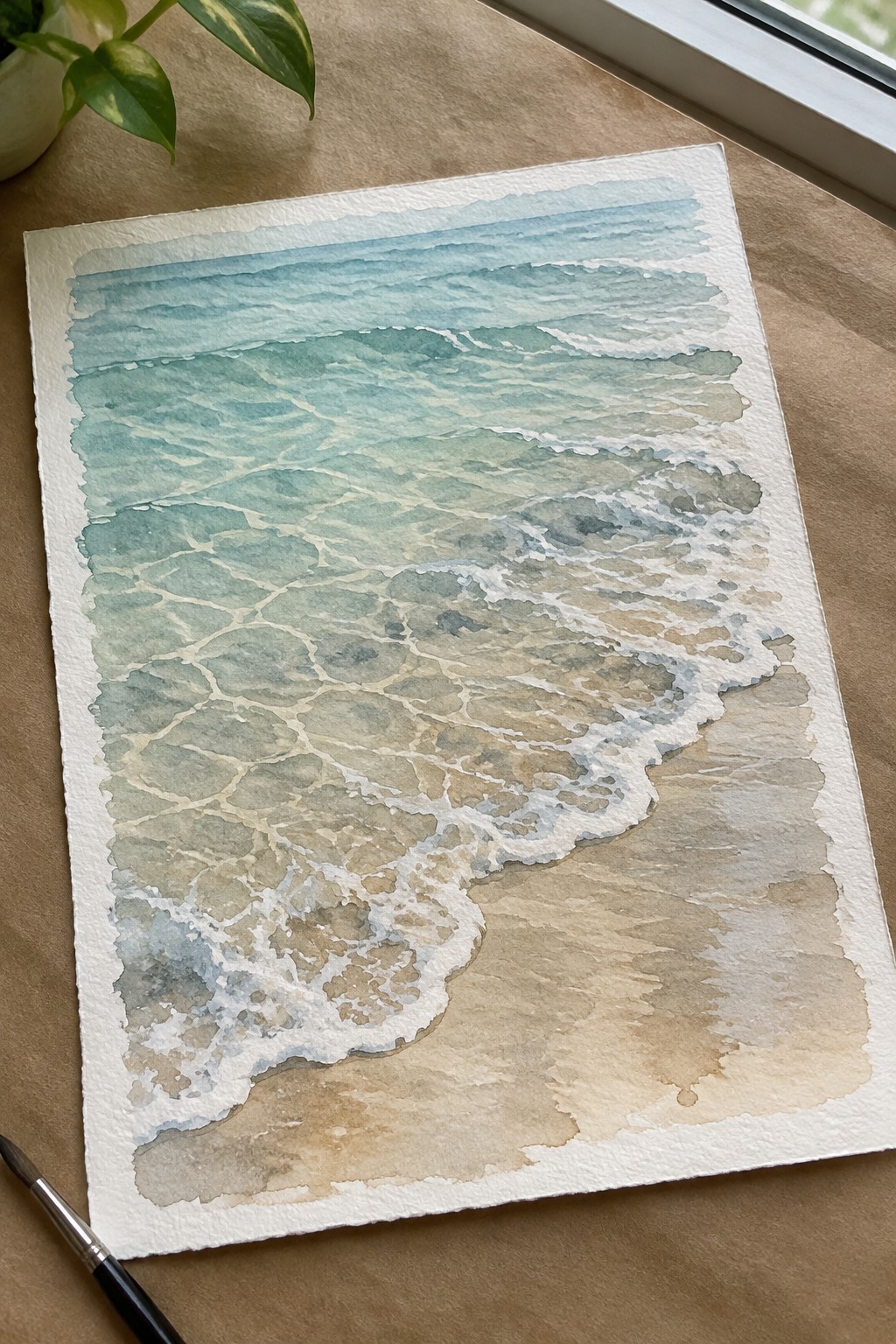 Watercolor painting of turquoise waves lapping onto textured sandy beach beside paintbrush