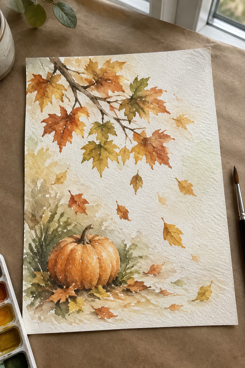 Watercolor painting of orange pumpkin with falling autumn maple leaves on white paper