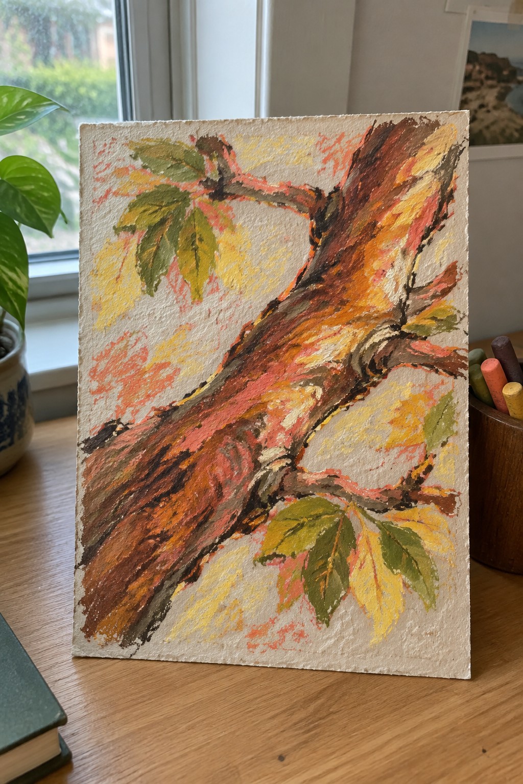 Vibrant pastel painting of autumn tree branch on wooden table with supplies