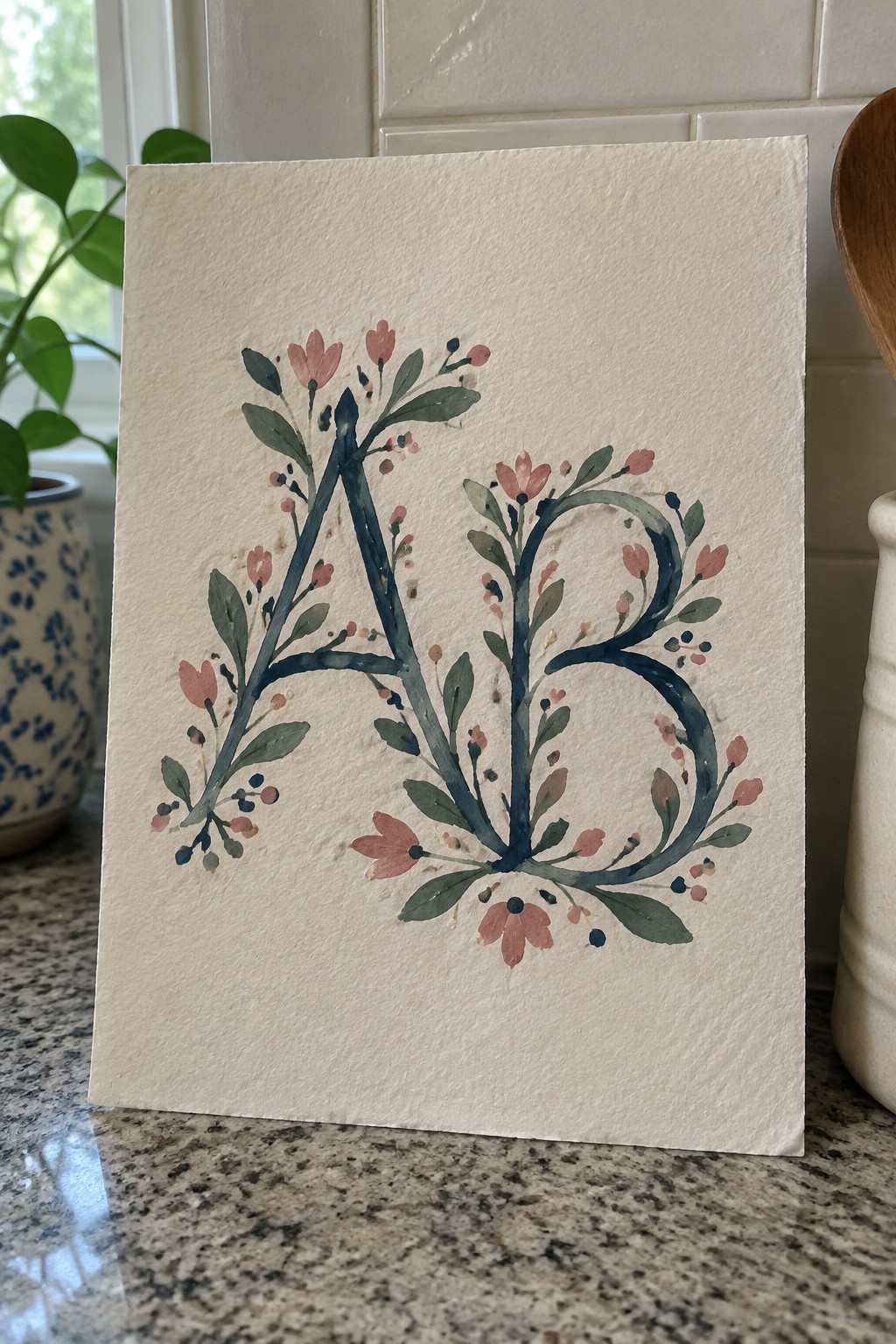 Watercolor painting of the letters A and B formed by dark blue branches with pink flowers, green leaves, and small berries on textured paper.