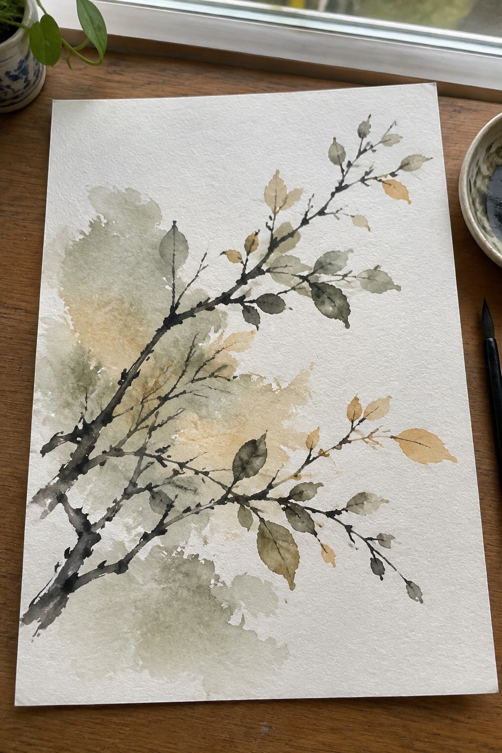 Watercolor painting of leafy branches on white paper over wooden desk with supplies