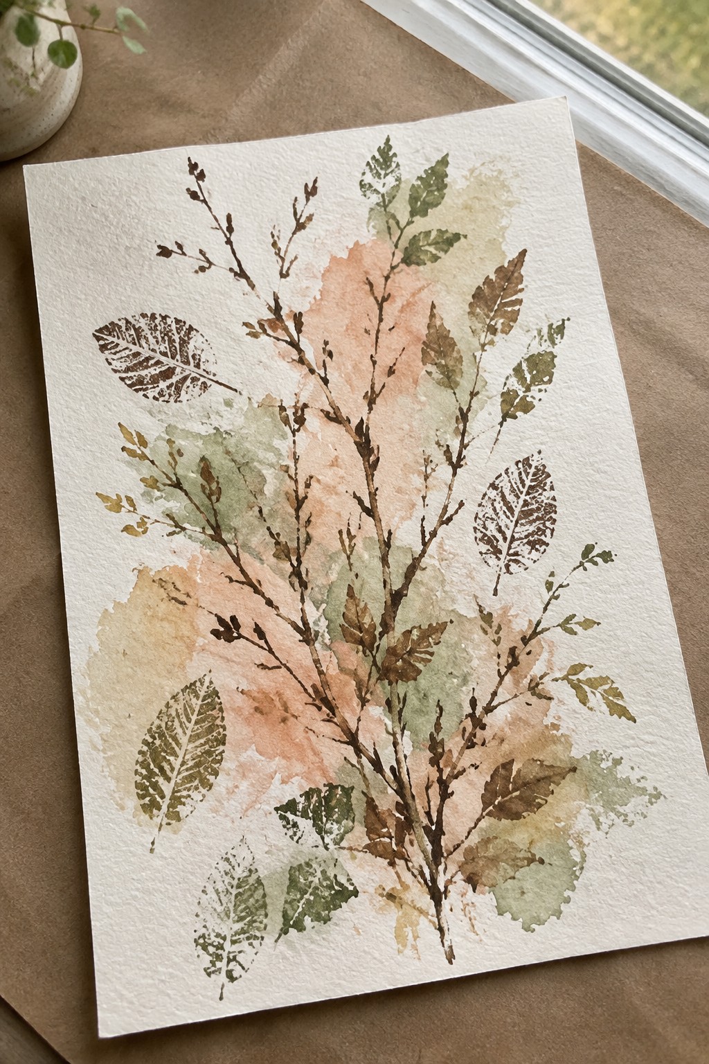 Watercolor botanical artwork with brown branches, green leaves, and soft peach washes.