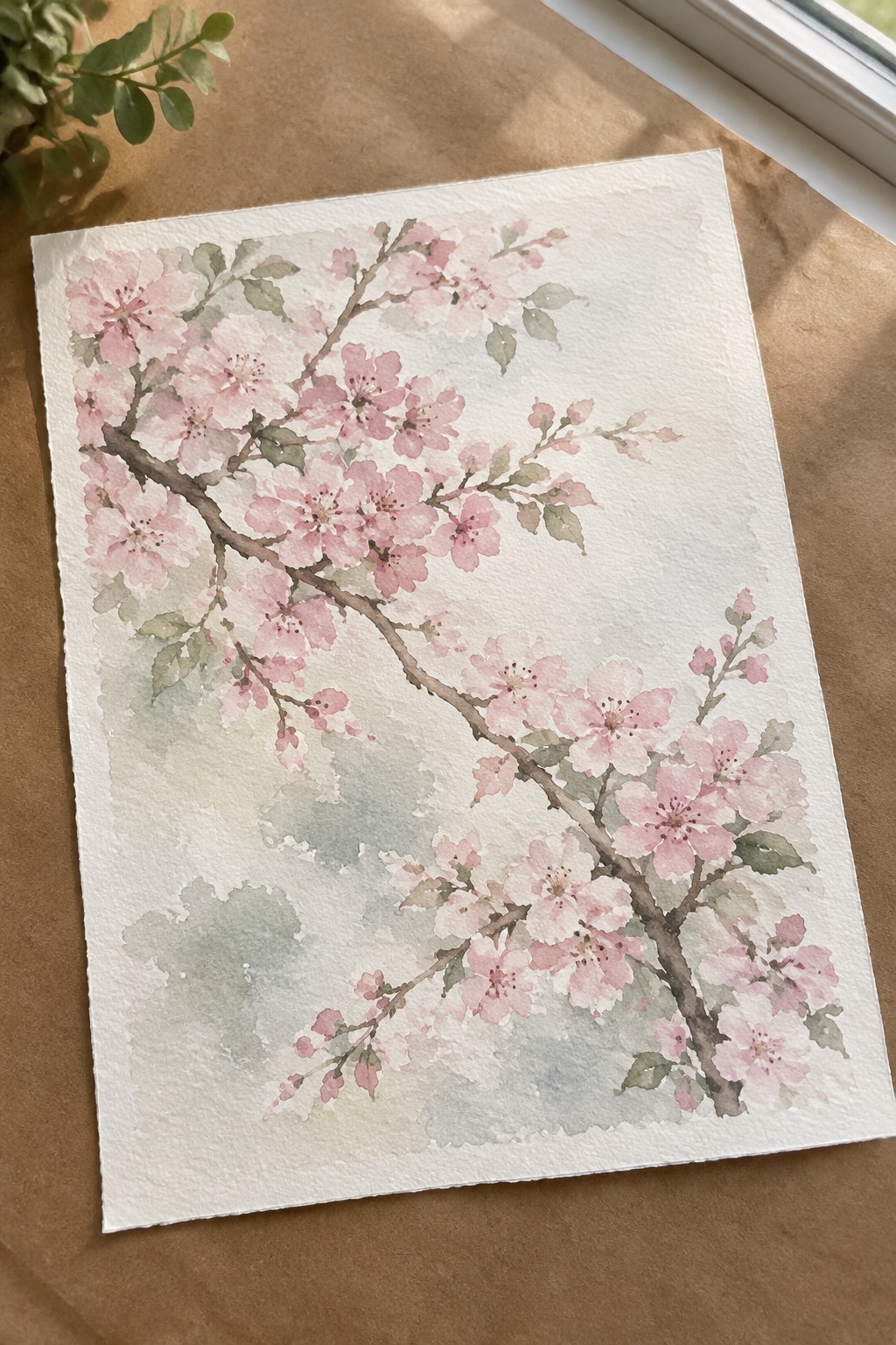 Watercolor painting of pink cherry blossoms on brown branches with green leaves.
