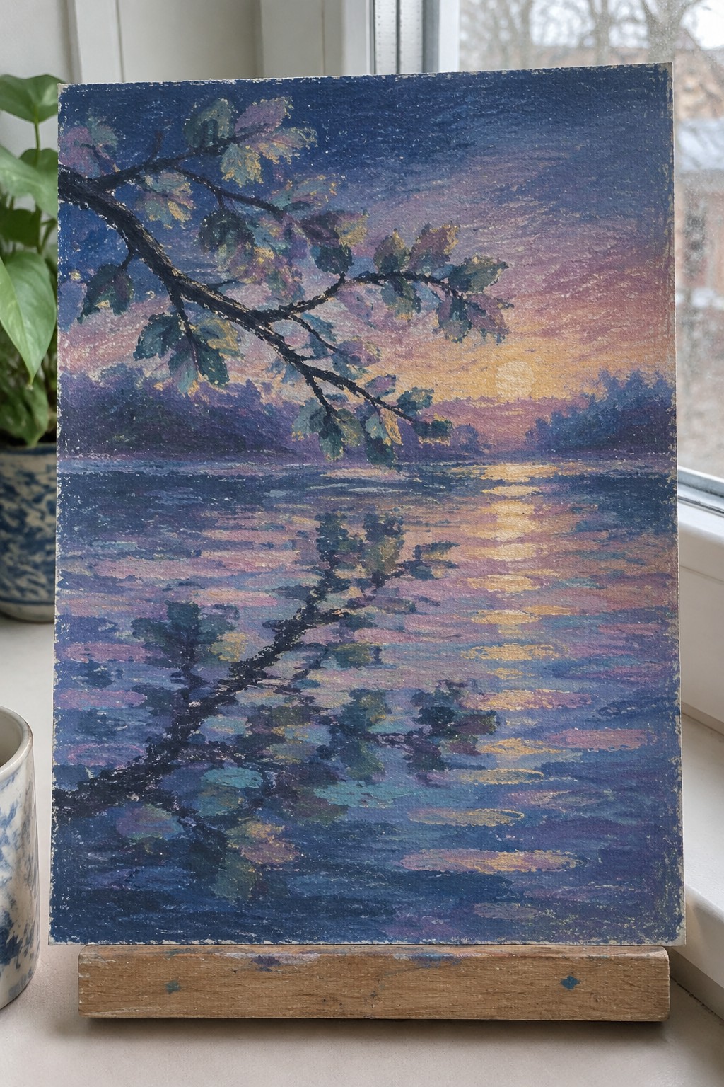 A painting of a dark tree branch extending over water at sunset with the sun's reflection and the branch's reflection visible on the surface.