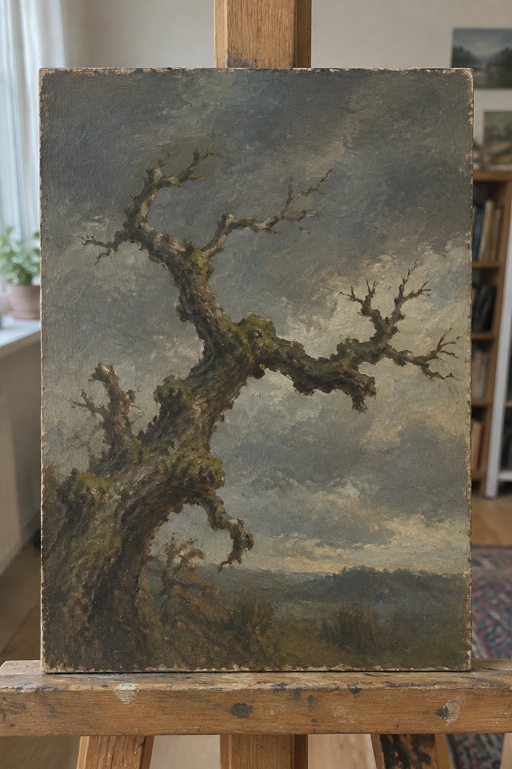 Gnarled mossy tree in oil painting on wooden easel in studio with cloudy sky