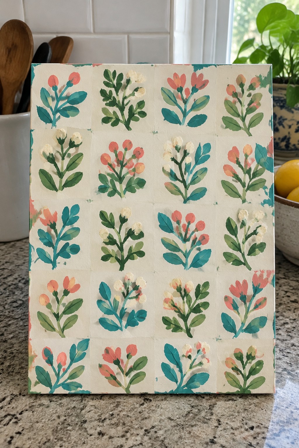 Hand-painted canvas grid of coral, white, and teal floral motifs on cream background